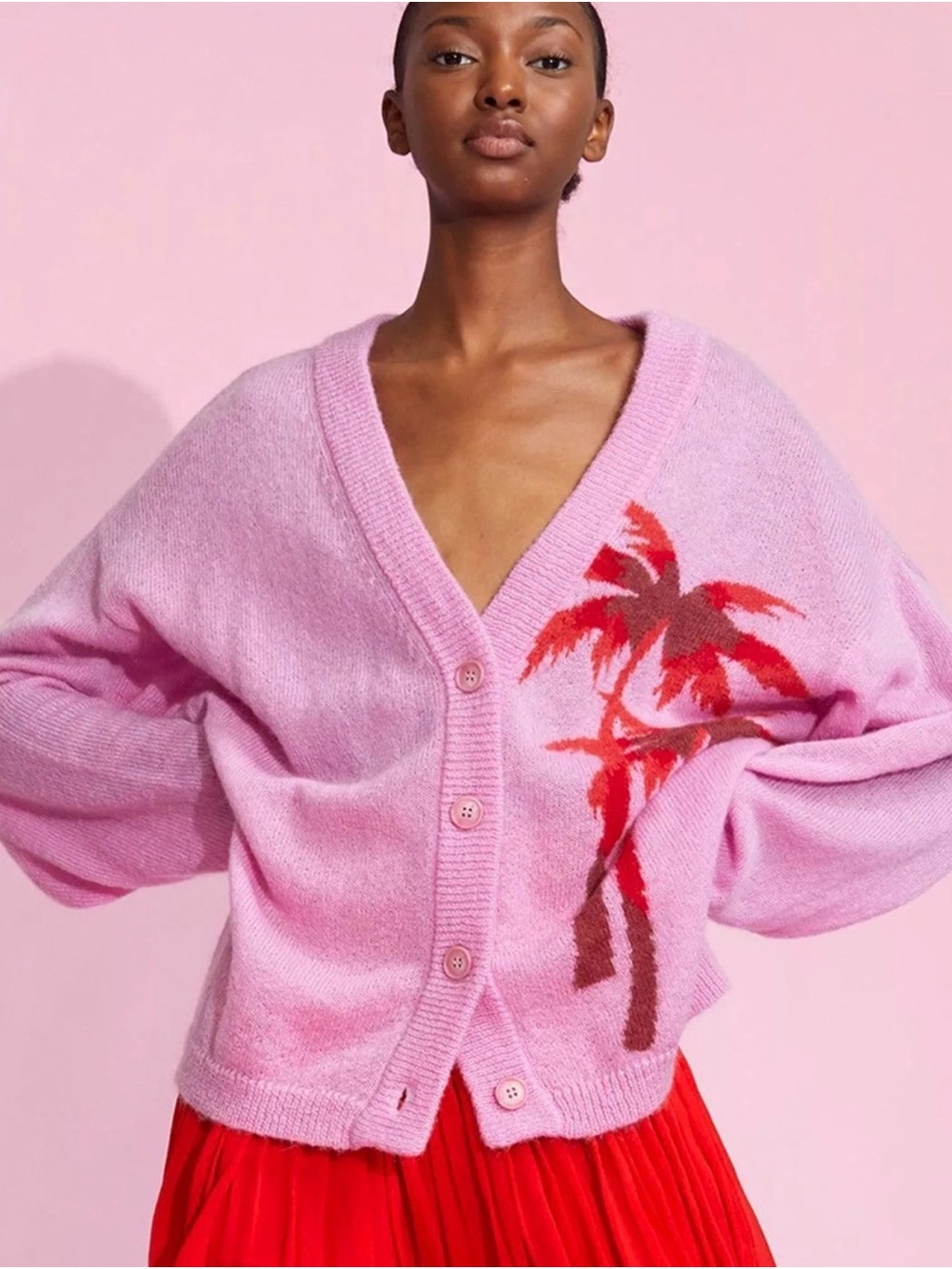 Cynthia Rowley Pink Intarsia Mohair-Wool Blend Cardigan Sweater Size S